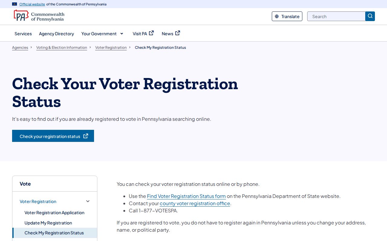 Westmoreland County residents directory Pennsylvania voter status page