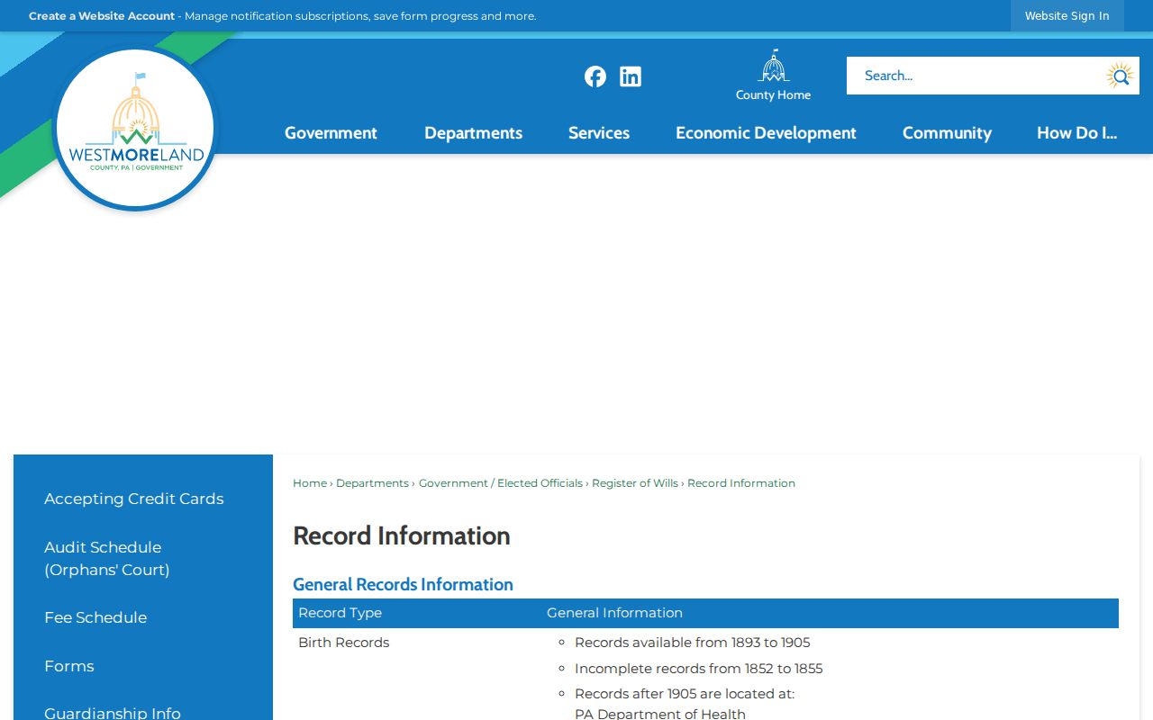 Westmoreland County previous residents Register of Wills record information page