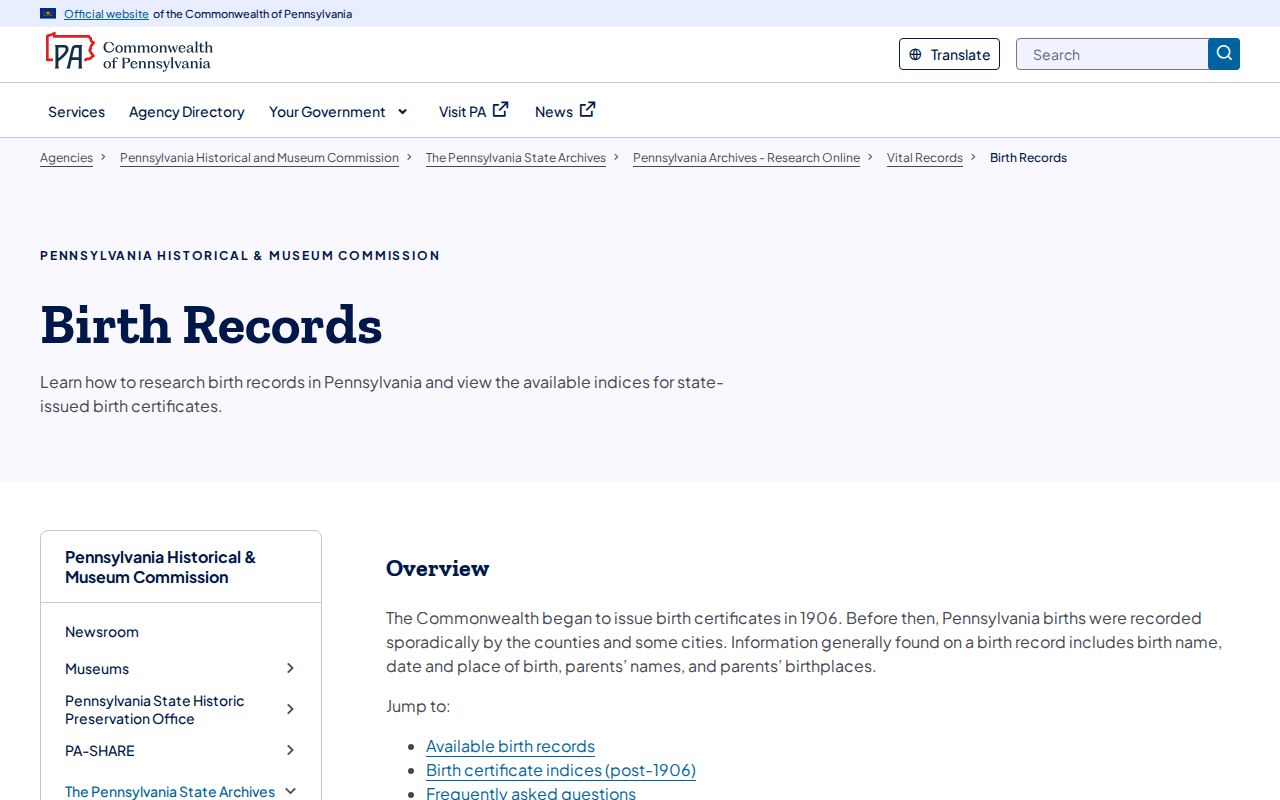 Westmoreland County resident lookup using Pennsylvania State Archives birth records