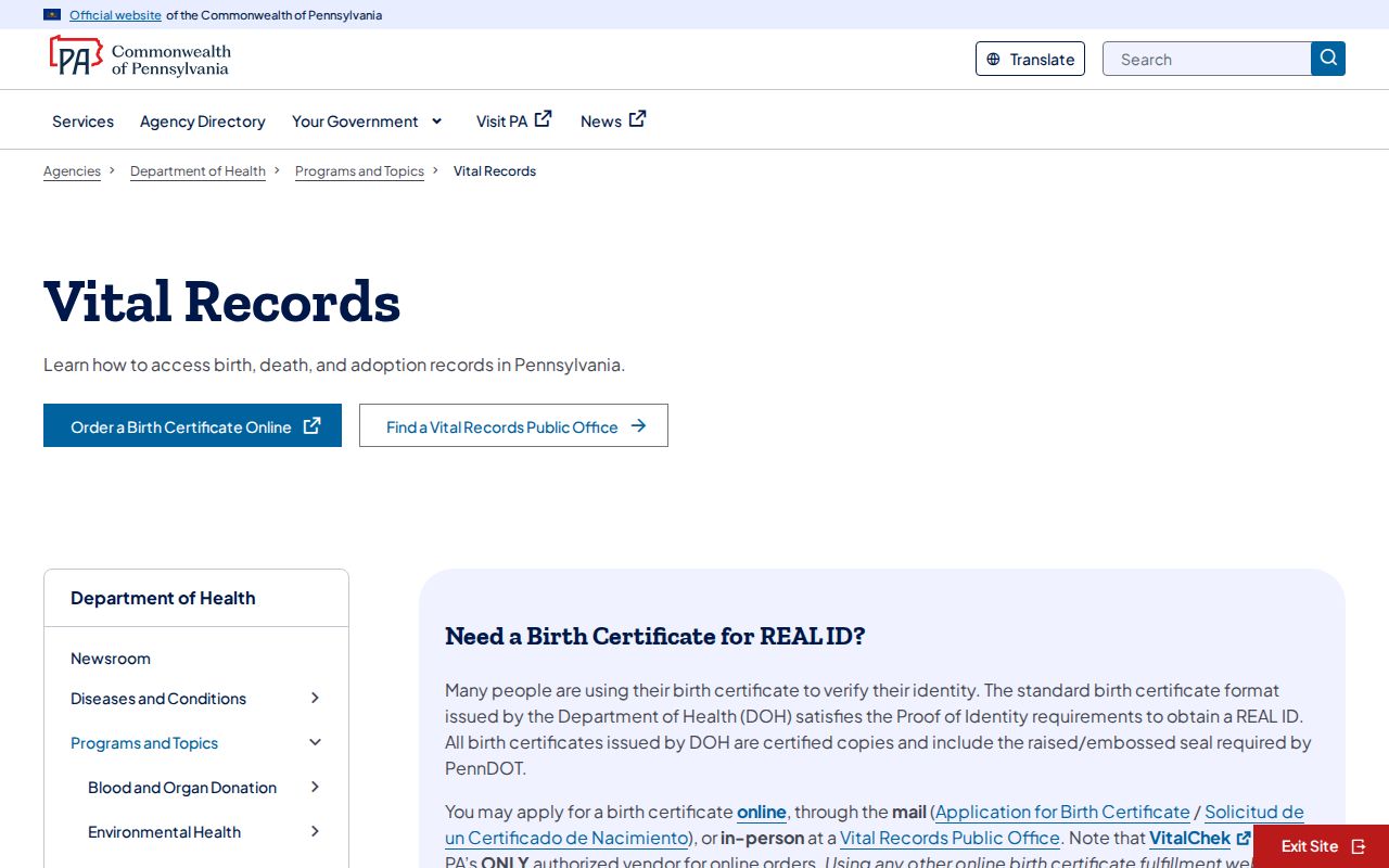 Westmoreland County resident lookup through Pennsylvania Vital Records ordering